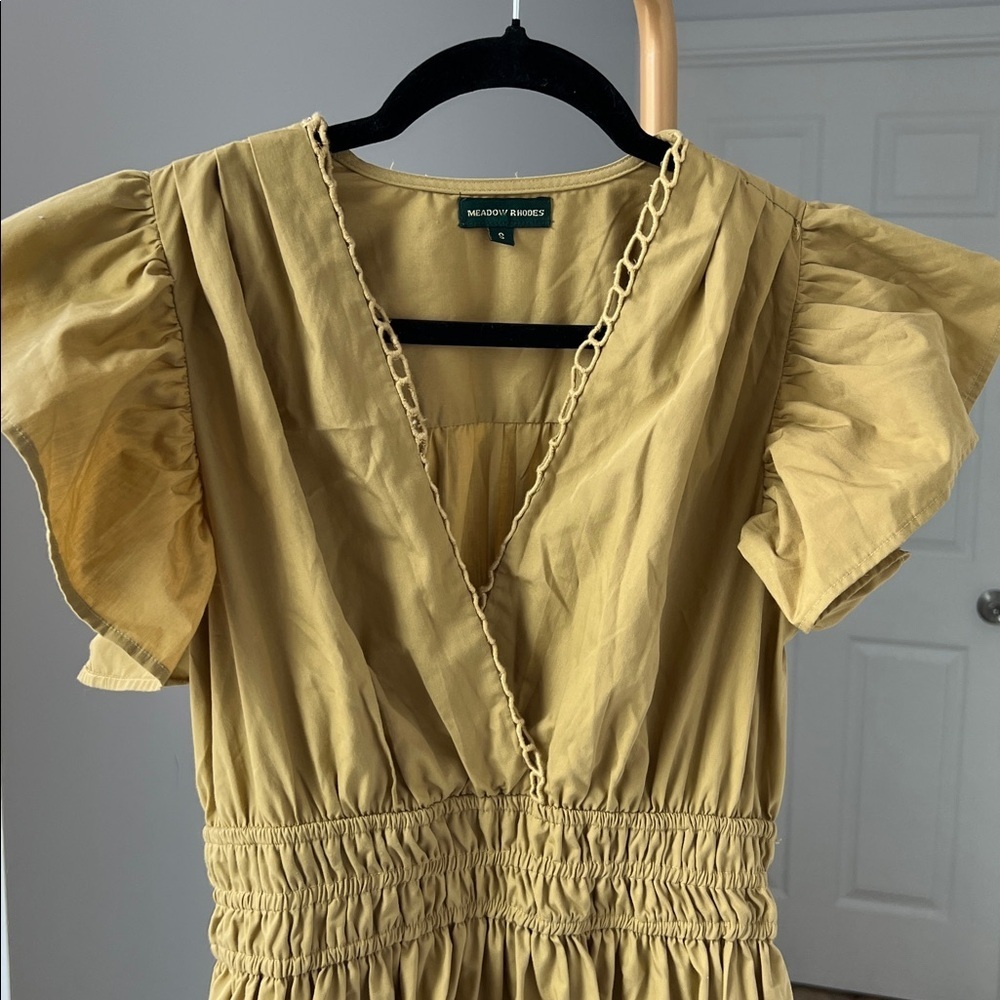 Meadow Rhodes Boho Eyelet V Neck Short Sleeve Midi Dress in Golden Tan Size S - Picture 2 of 6